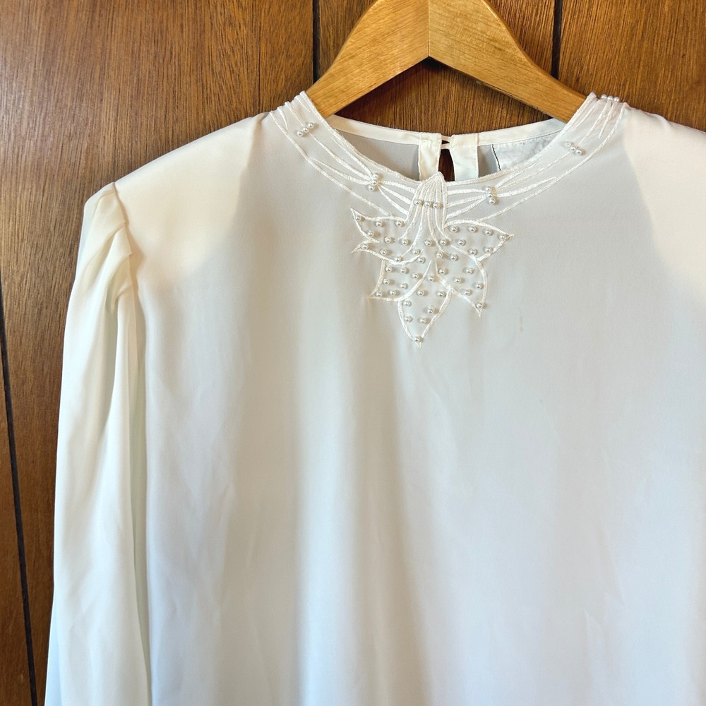Vintage 80's Pearl Beaded Blouse Top‎ Size 12 Cream White Long Sleeve Party